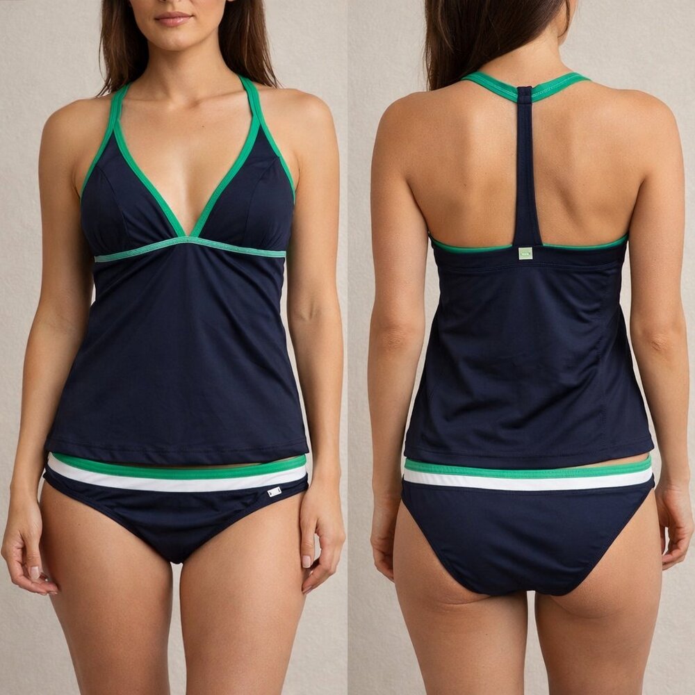 JAG Black Swimwear Tankini 2 piece set green and white trim Sz S Preppy NWOT